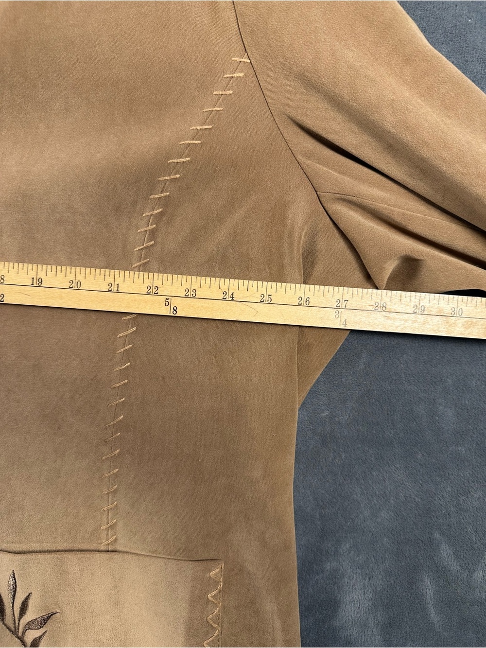 Susan Graver Camel Faux Suede Embroidered Pocket Vintage Blazer - Picture 8 of 10